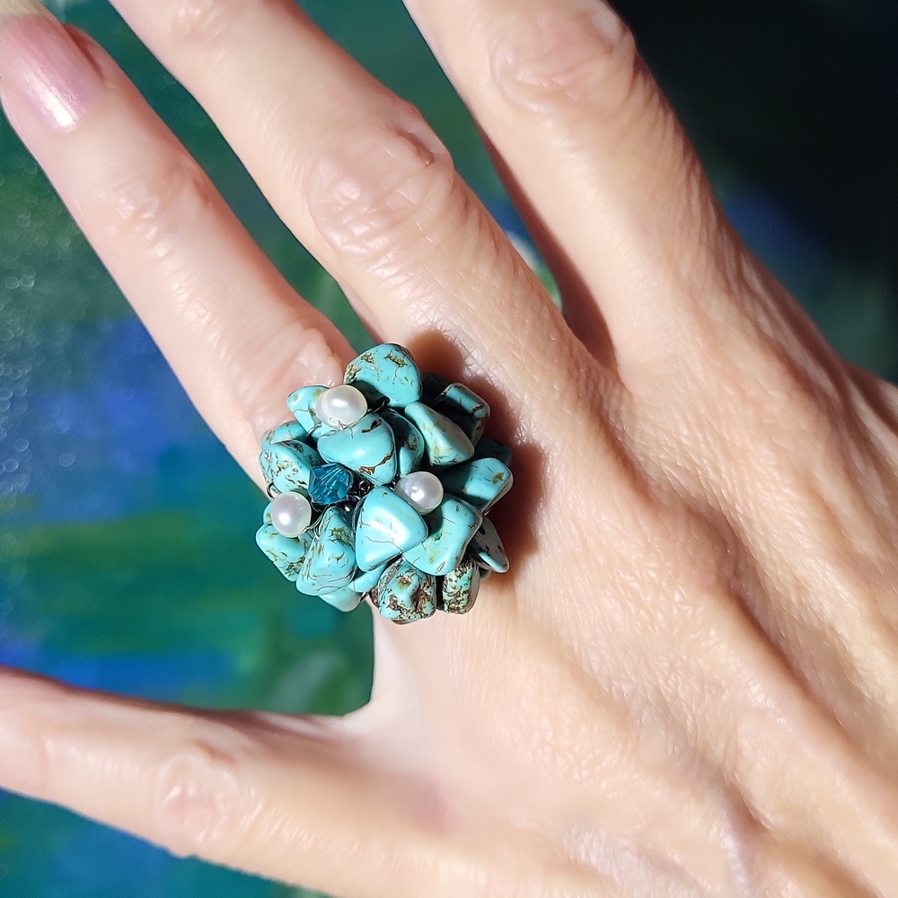 Turquoise & Pearl Adjustable Ring